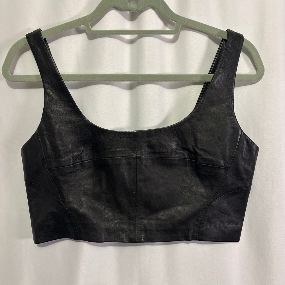 Lamarque Black Leather Crop Top Scoop Neck Back Zip Size S